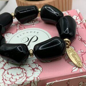 Plunder Design Black Beaded Gold Tone Spacers Stretchy Bracelet